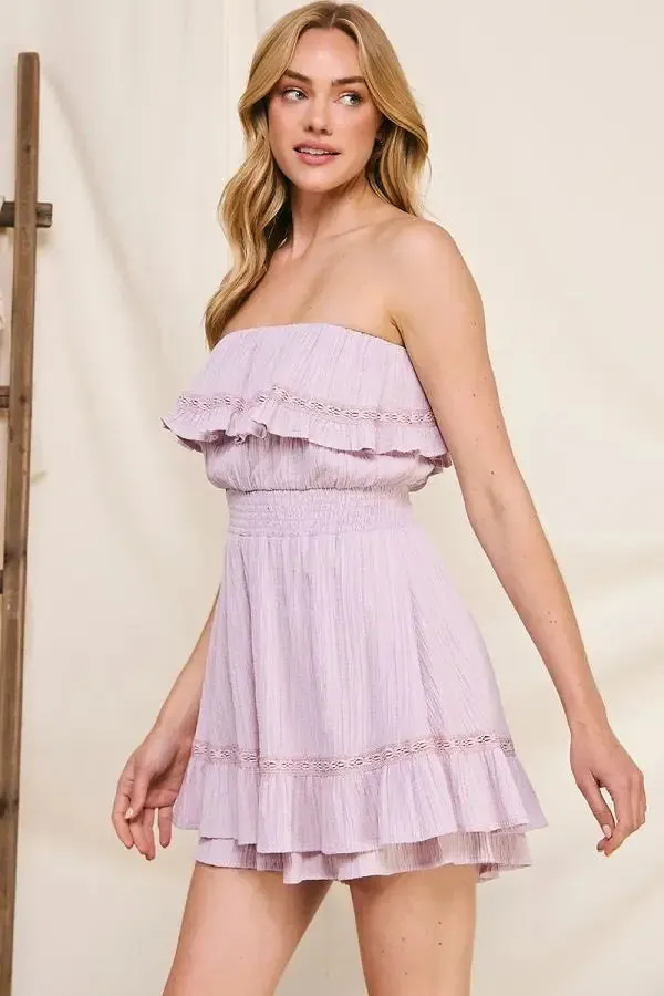 BAMBOO TEXTURED STRAPLESS RUFFLE ROMPER