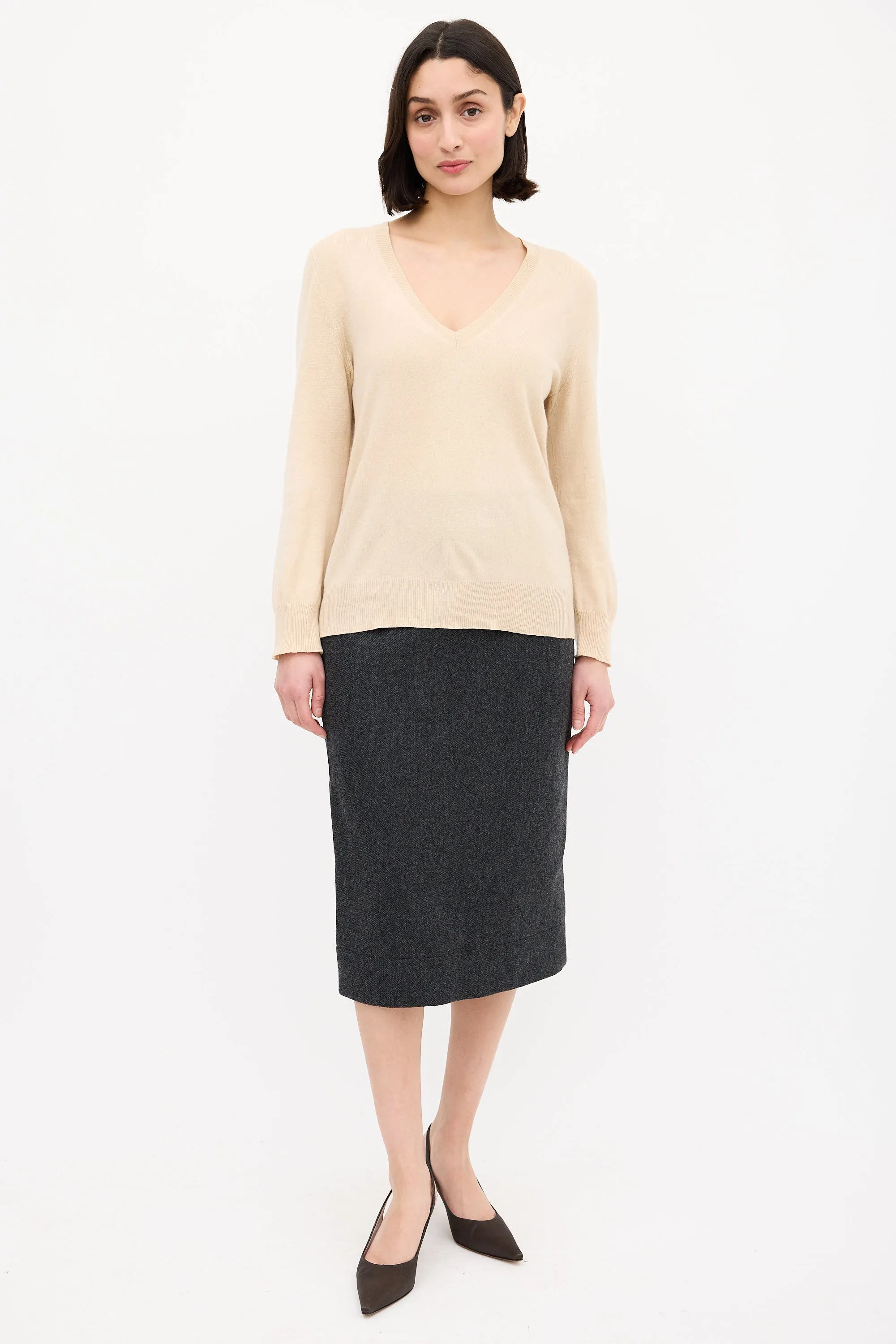 Beige Cashmere V-Neck Sweater