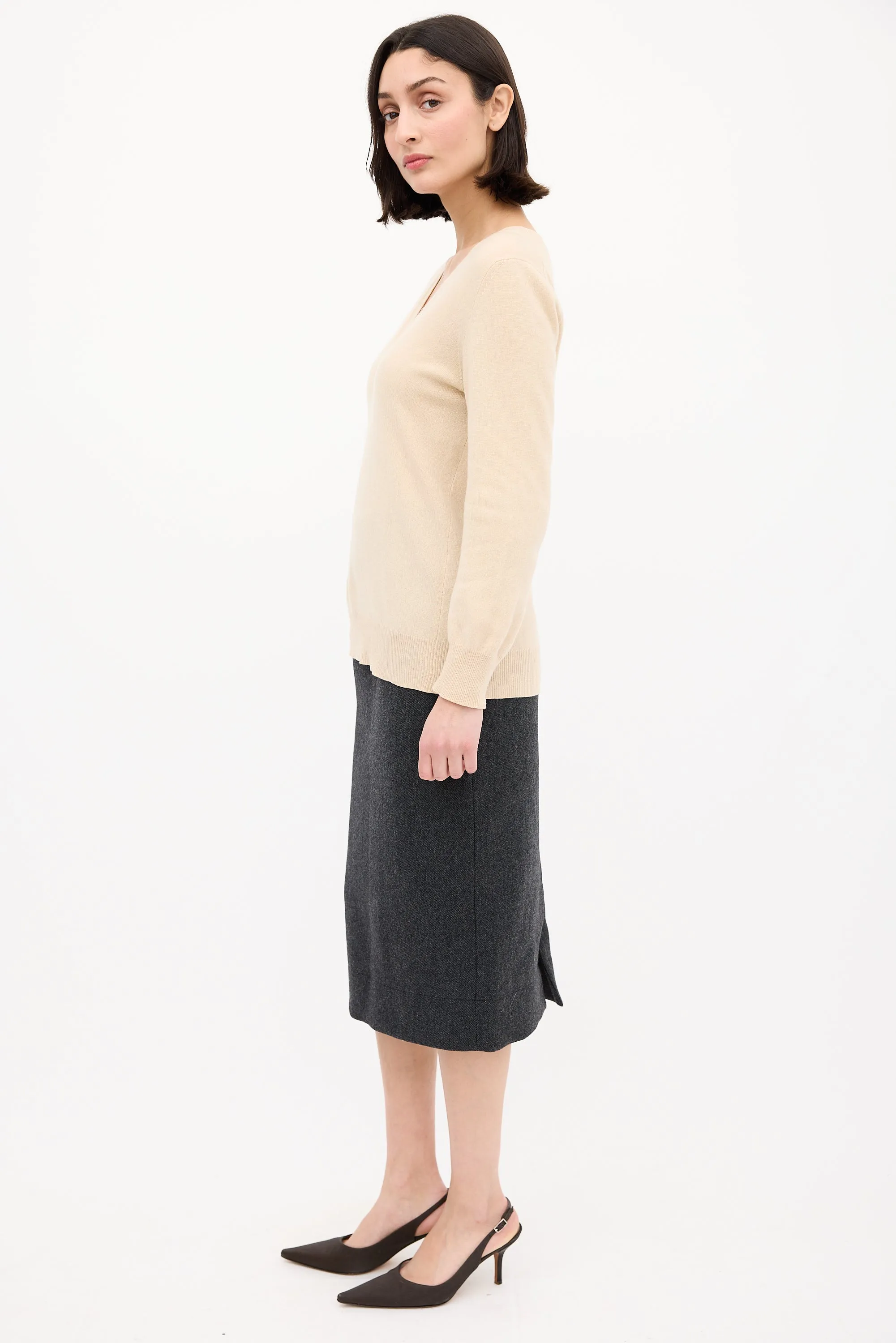 Beige Cashmere V-Neck Sweater