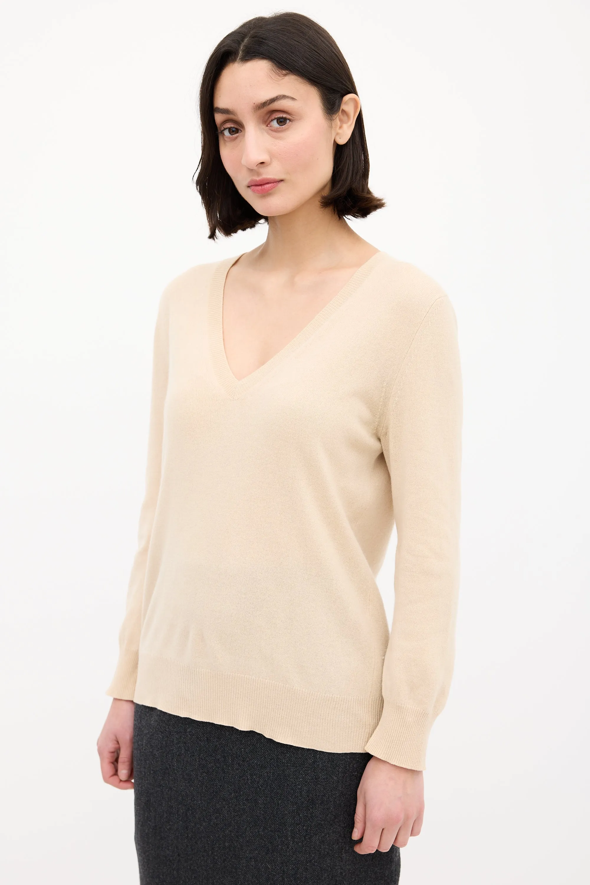 Beige Cashmere V-Neck Sweater