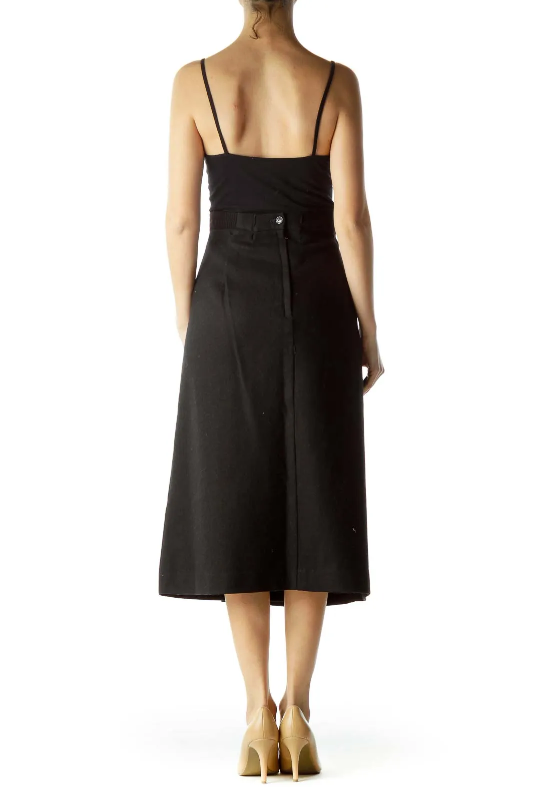 Black Wool Midi A-Line Skirt