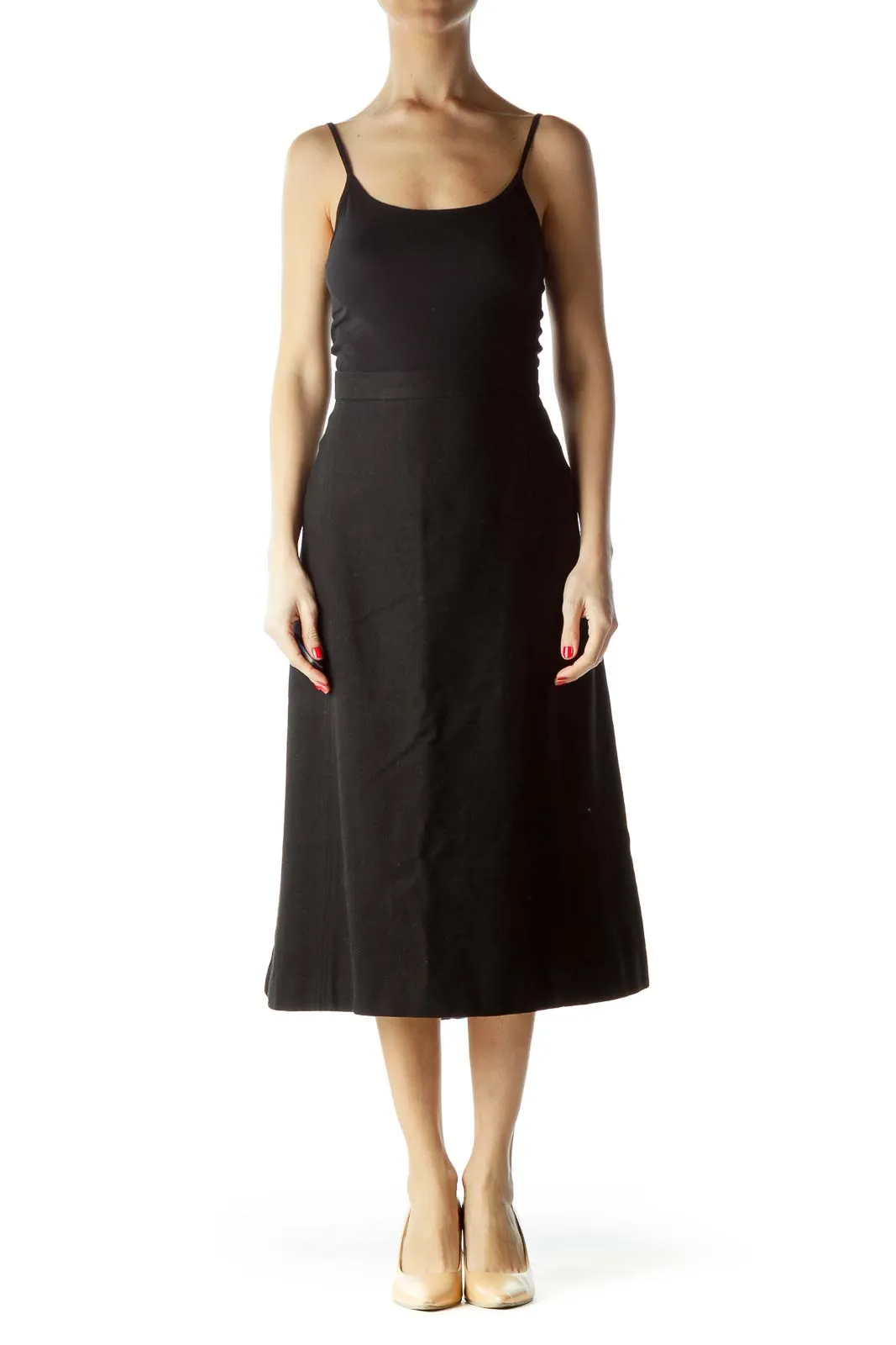 Black Wool Midi A-Line Skirt