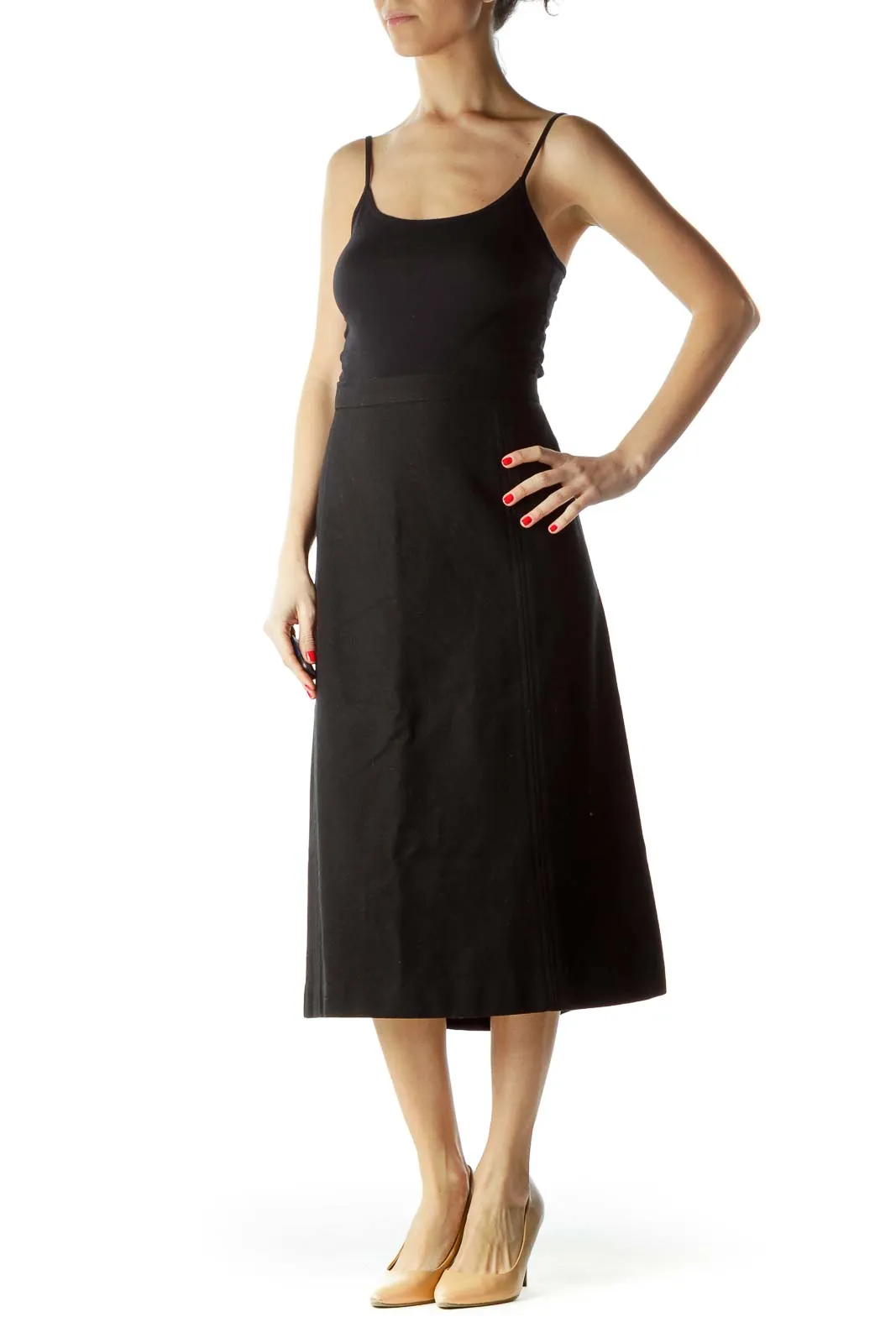 Black Wool Midi A-Line Skirt