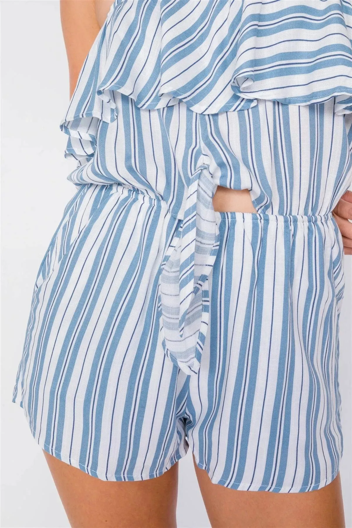 Blue Sleeveless Striped Bow Romper /3-2-1