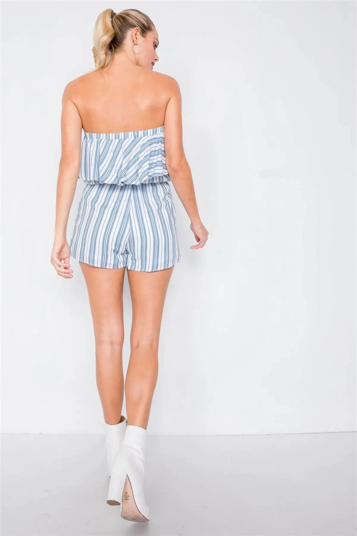 Blue Sleeveless Striped Bow Romper /3-2-1
