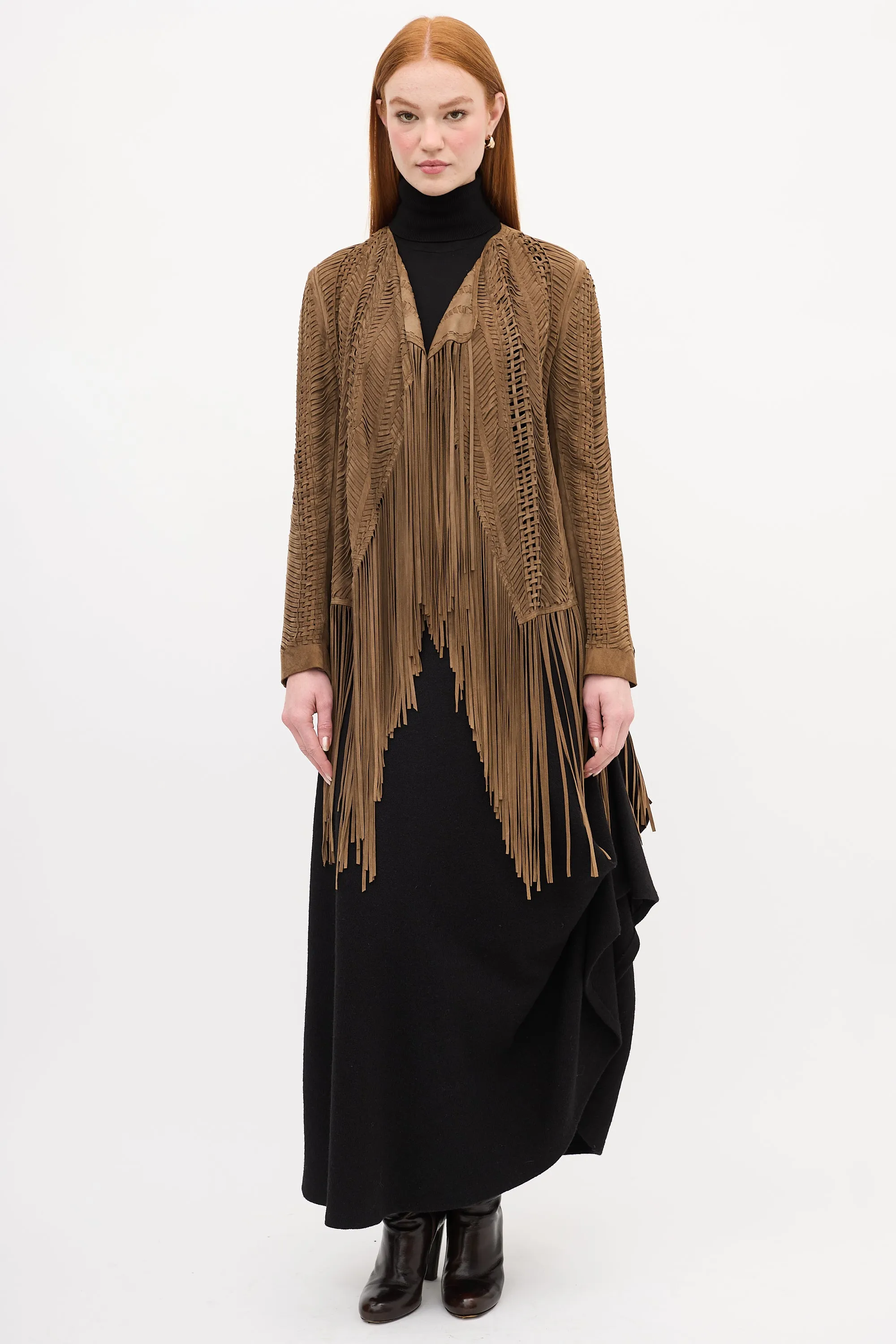 Brown Suede Woven Fringe Jacket