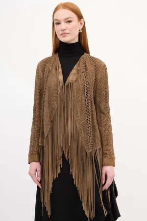 Brown Suede Woven Fringe Jacket