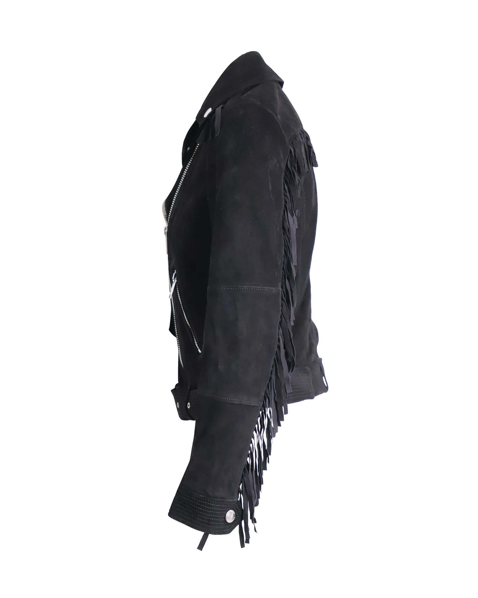 Burberry Arnstead Fringe Biker Jacket in Black Suede