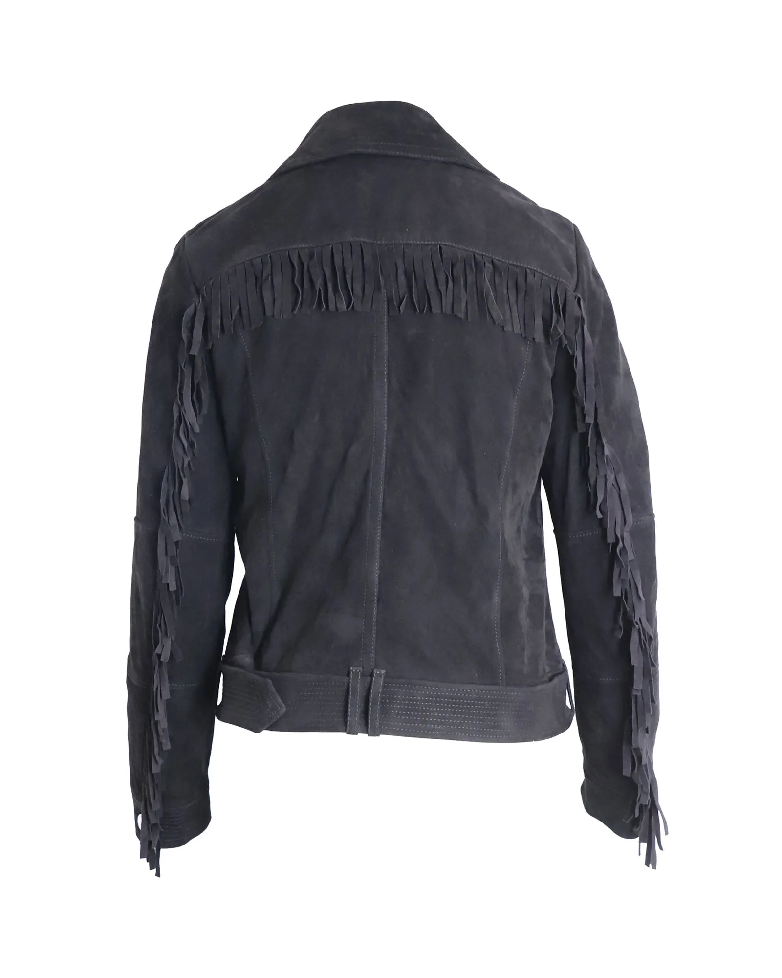Burberry Arnstead Fringe Biker Jacket in Black Suede