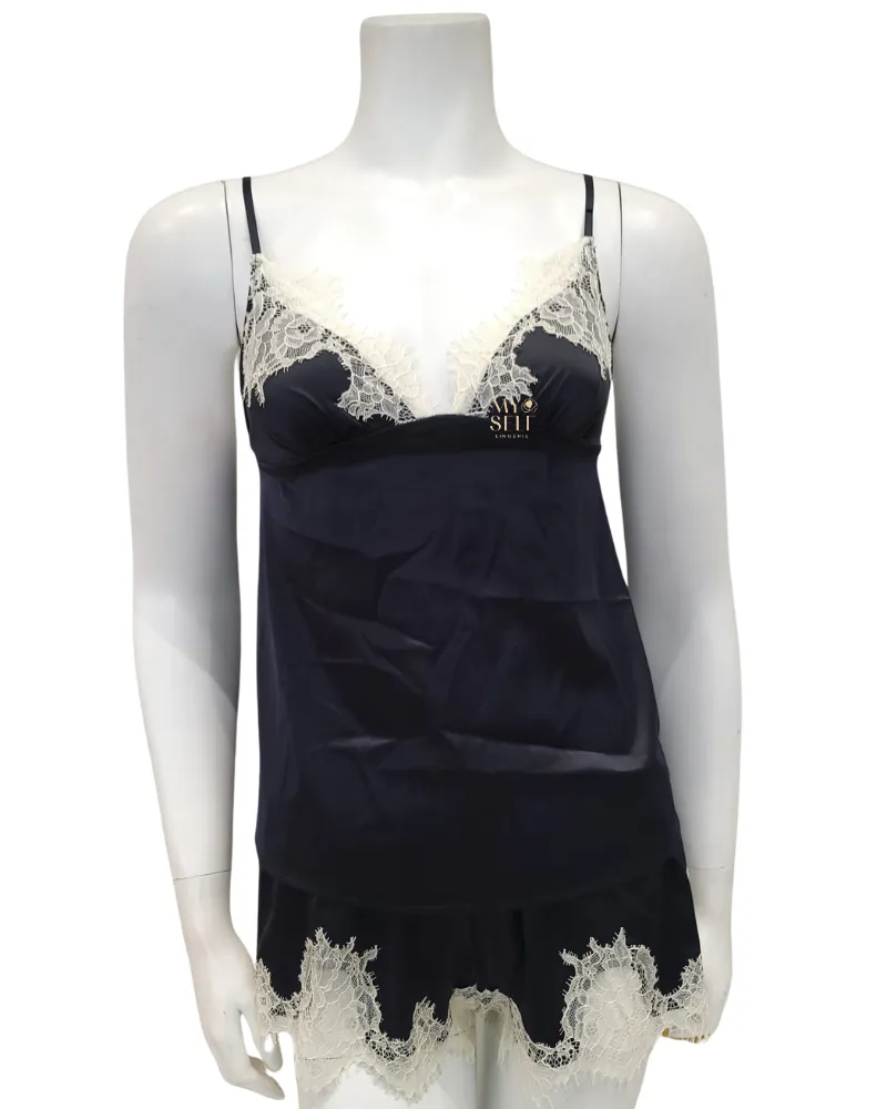 D001380-D001379 Ivory Lace Black Poly Cami Set