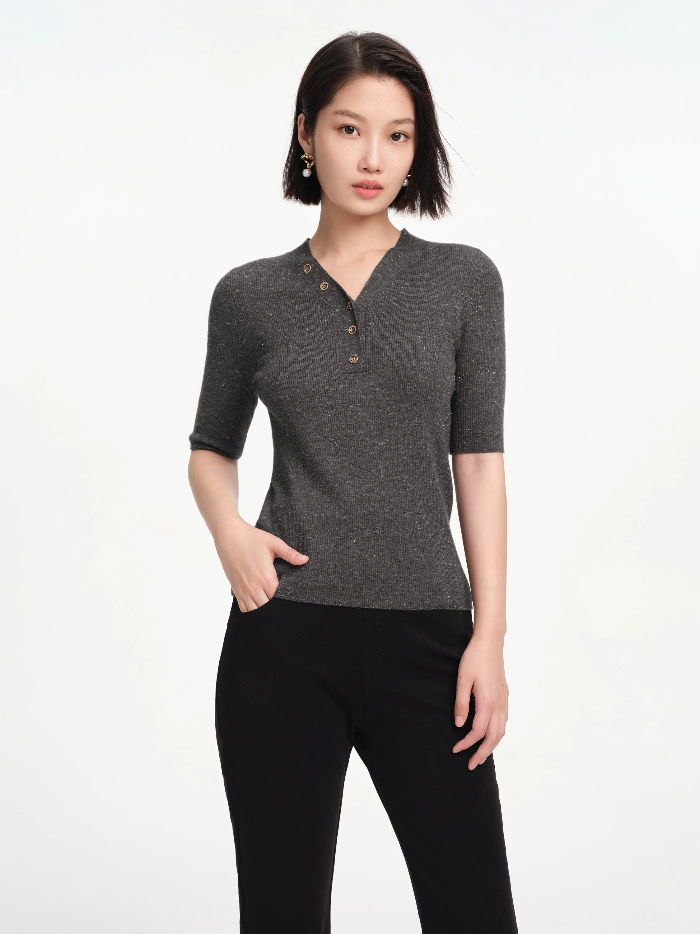 EP YAYING Wool V-neck Fit Sweater Top