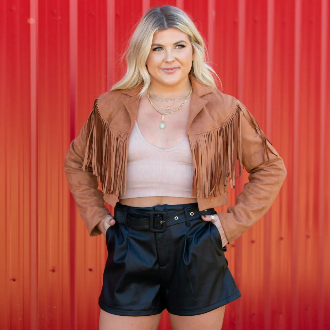 Faux Suede Fringe Jacket - Camel
