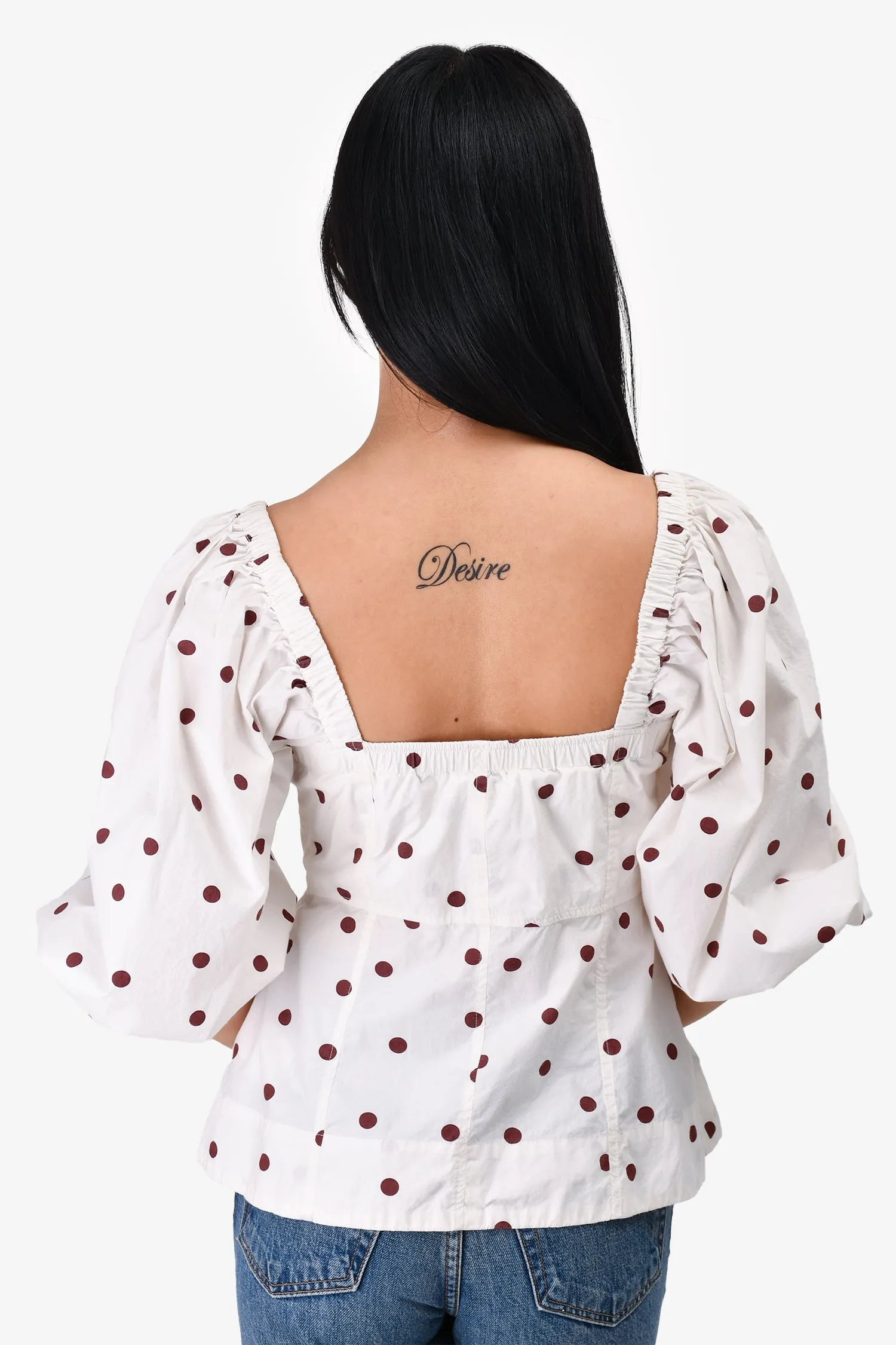 Ganni White/Burgundy Polka Dot Cotton Blouse Size 36