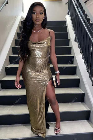 Gold Shiny Cowl Neck Mermaid Long Slit Prom Dress
