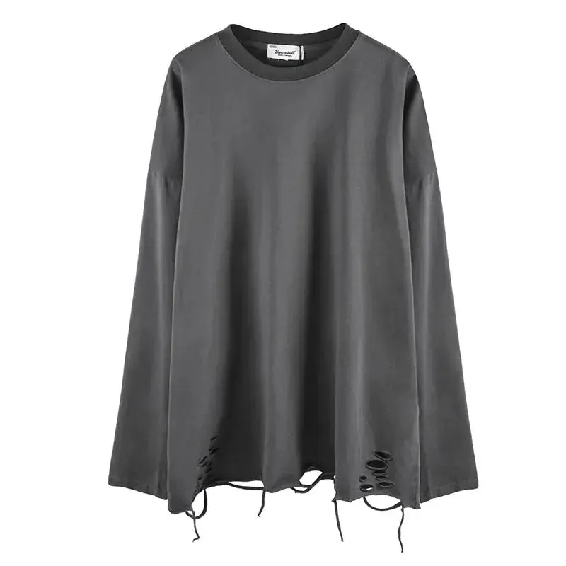 Long Sleeves Ripped Solid Color Tee