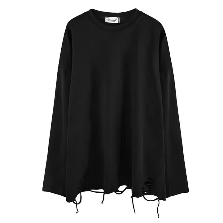 Long Sleeves Ripped Solid Color Tee