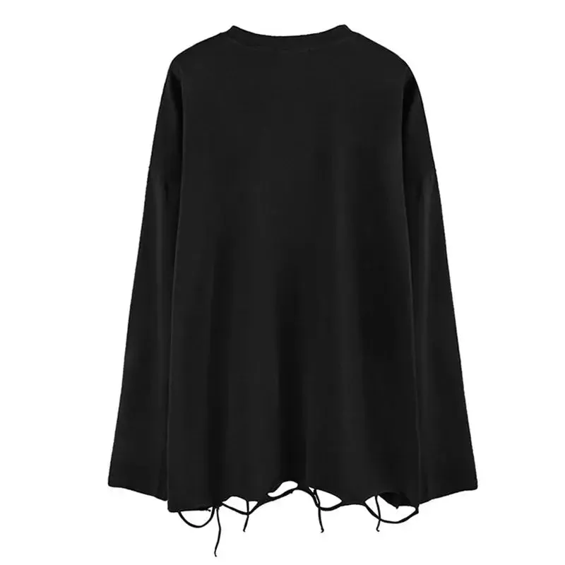 Long Sleeves Ripped Solid Color Tee