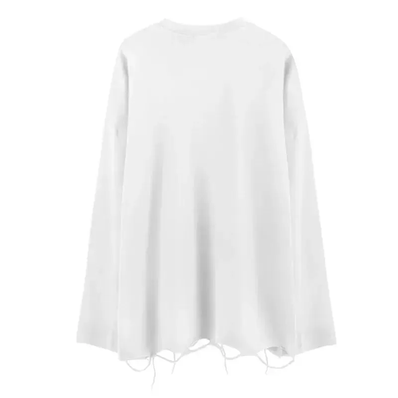 Long Sleeves Ripped Solid Color Tee