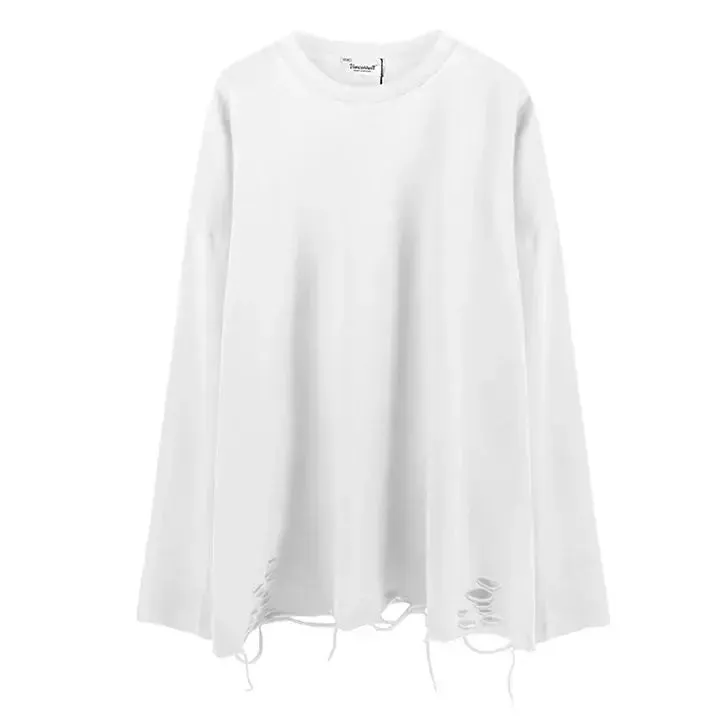 Long Sleeves Ripped Solid Color Tee