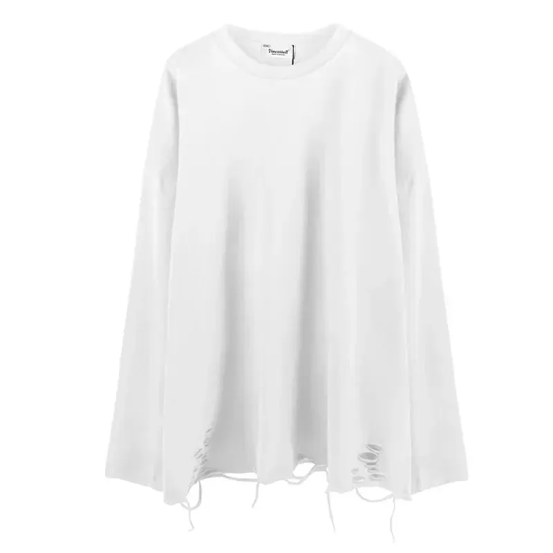 Long Sleeves Ripped Solid Color Tee