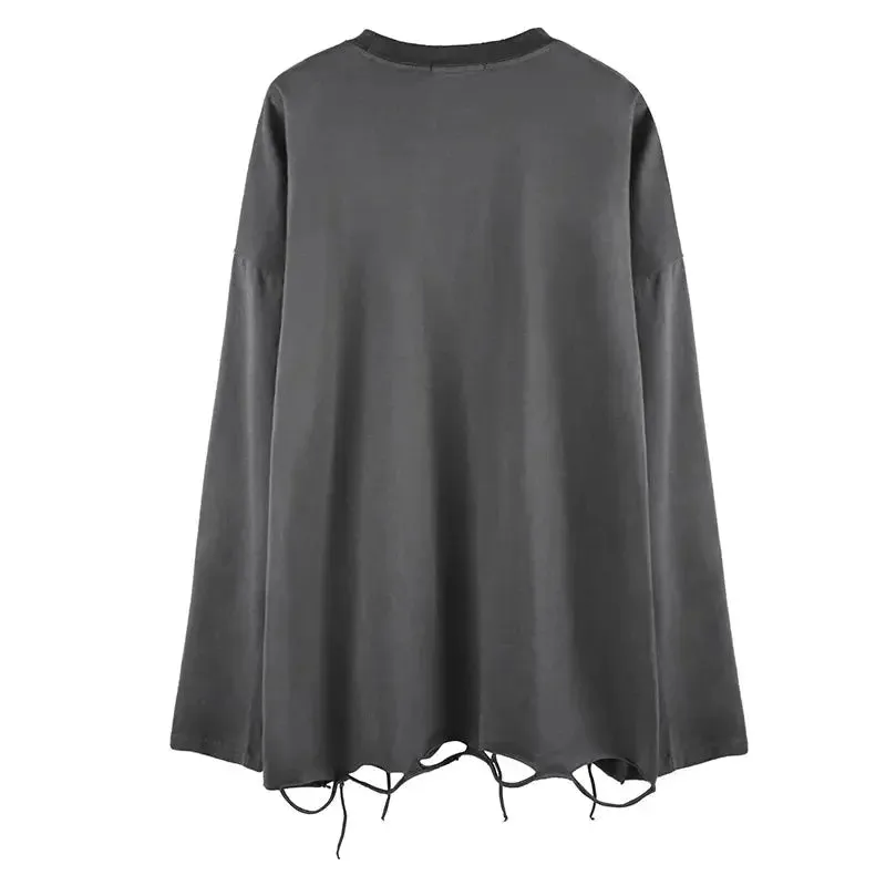 Long Sleeves Ripped Solid Color Tee