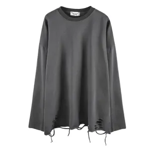Long Sleeves Ripped Solid Color Tee