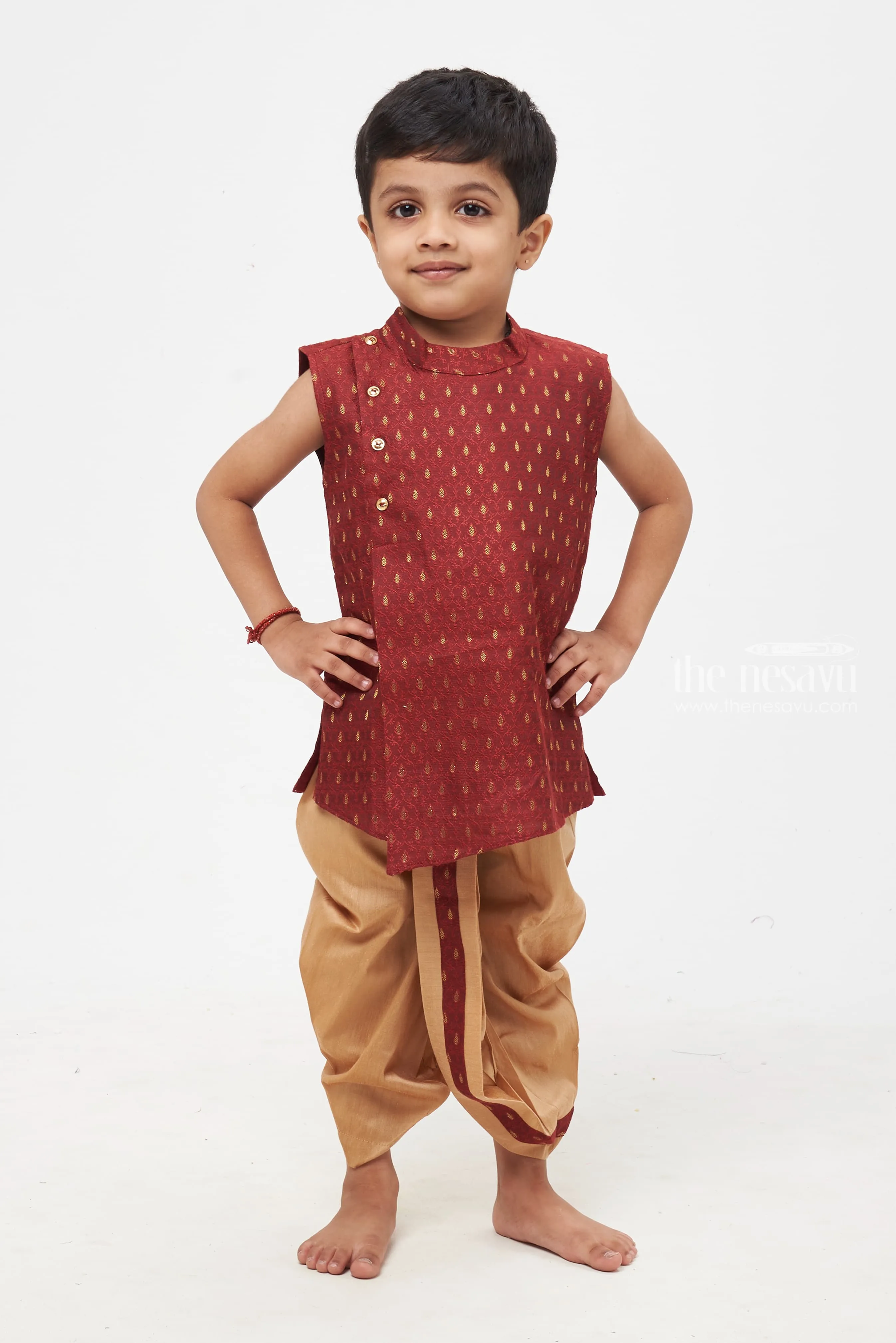 Majestic Maroon Elegance: Boys' Paisley Patterned Vest with Neutral Beige Trousers