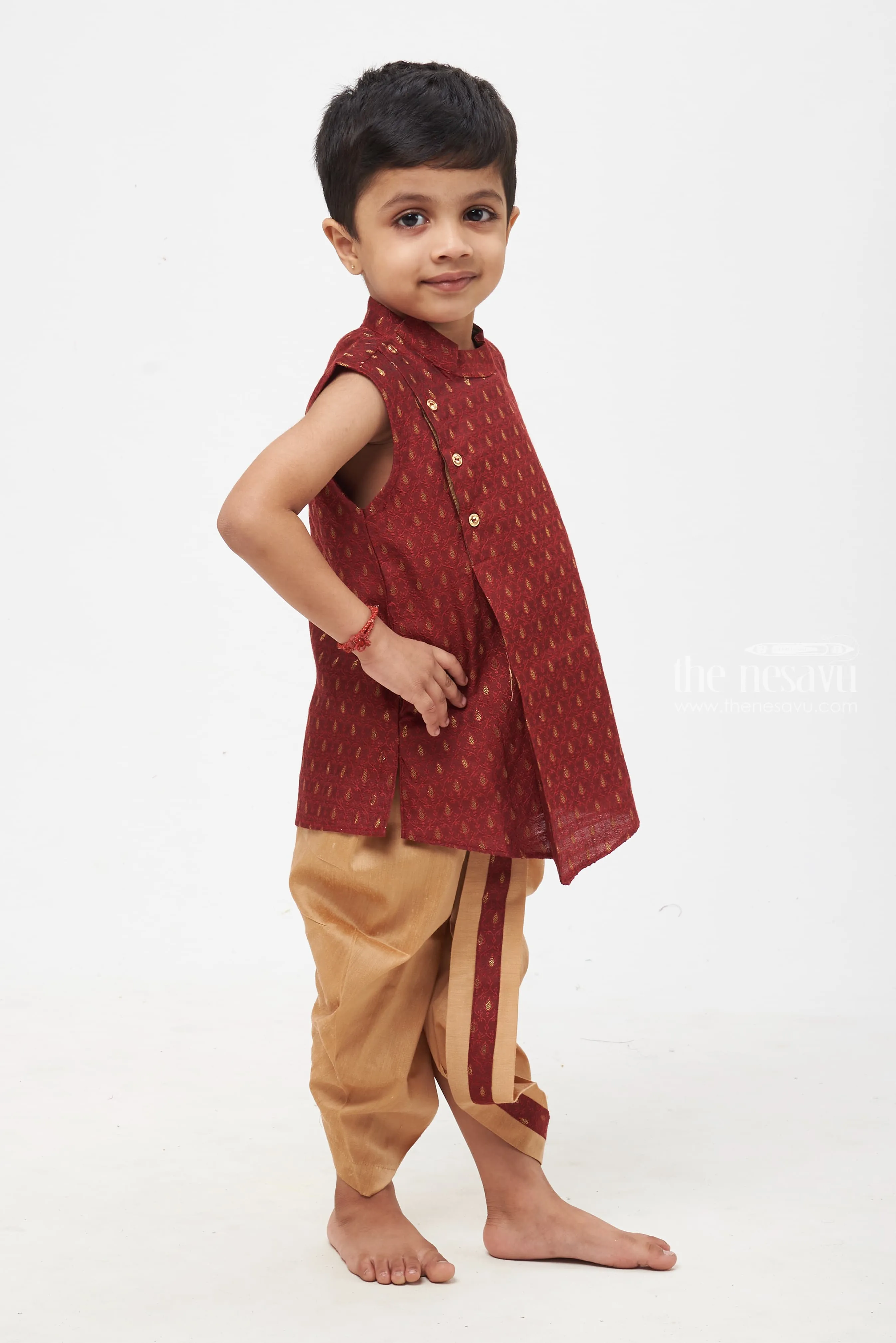 Majestic Maroon Elegance: Boys' Paisley Patterned Vest with Neutral Beige Trousers