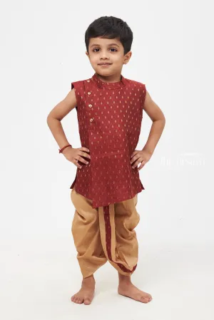 Majestic Maroon Elegance: Boys' Paisley Patterned Vest with Neutral Beige Trousers