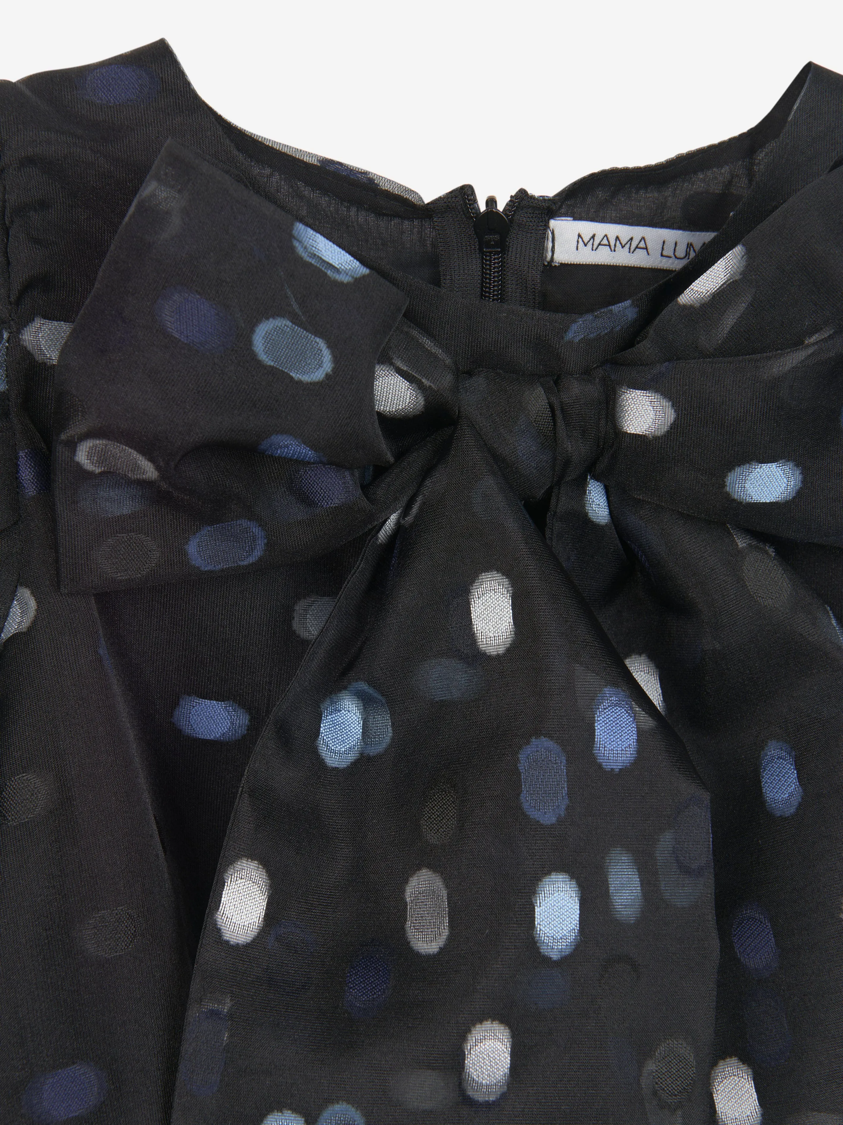 Mama Luma Girls Organza Sleeves Polka Dot Blouse in Navy