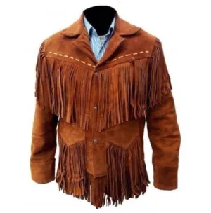Men's Western Suede Jacket, Tan Color Cowboy Suede Fringe Jacket