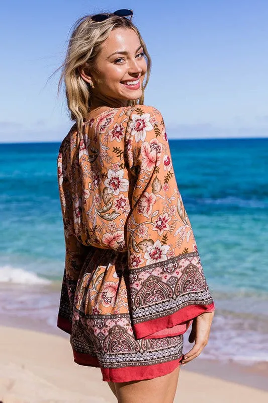 Mixed Floral Boho Romper With Flare Sleeves