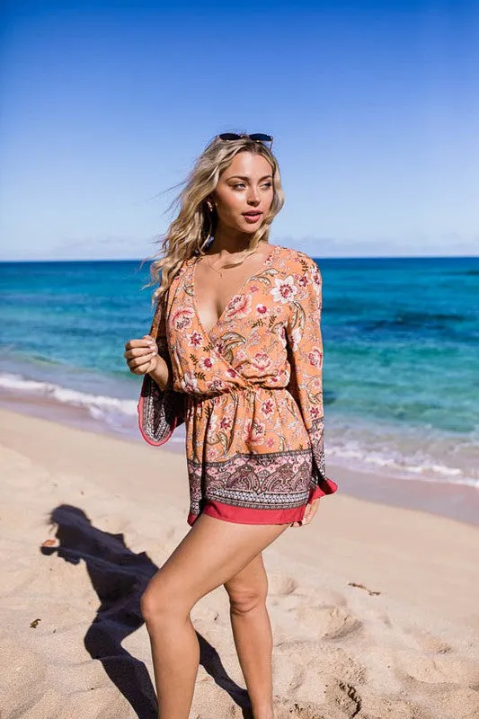 Mixed Floral Boho Romper With Flare Sleeves