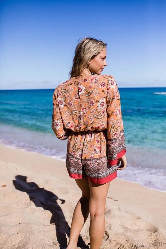 Mixed Floral Boho Romper With Flare Sleeves