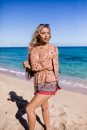Mixed Floral Boho Romper With Flare Sleeves