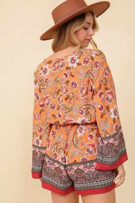 Mixed Floral Boho Romper With Flare Sleeves