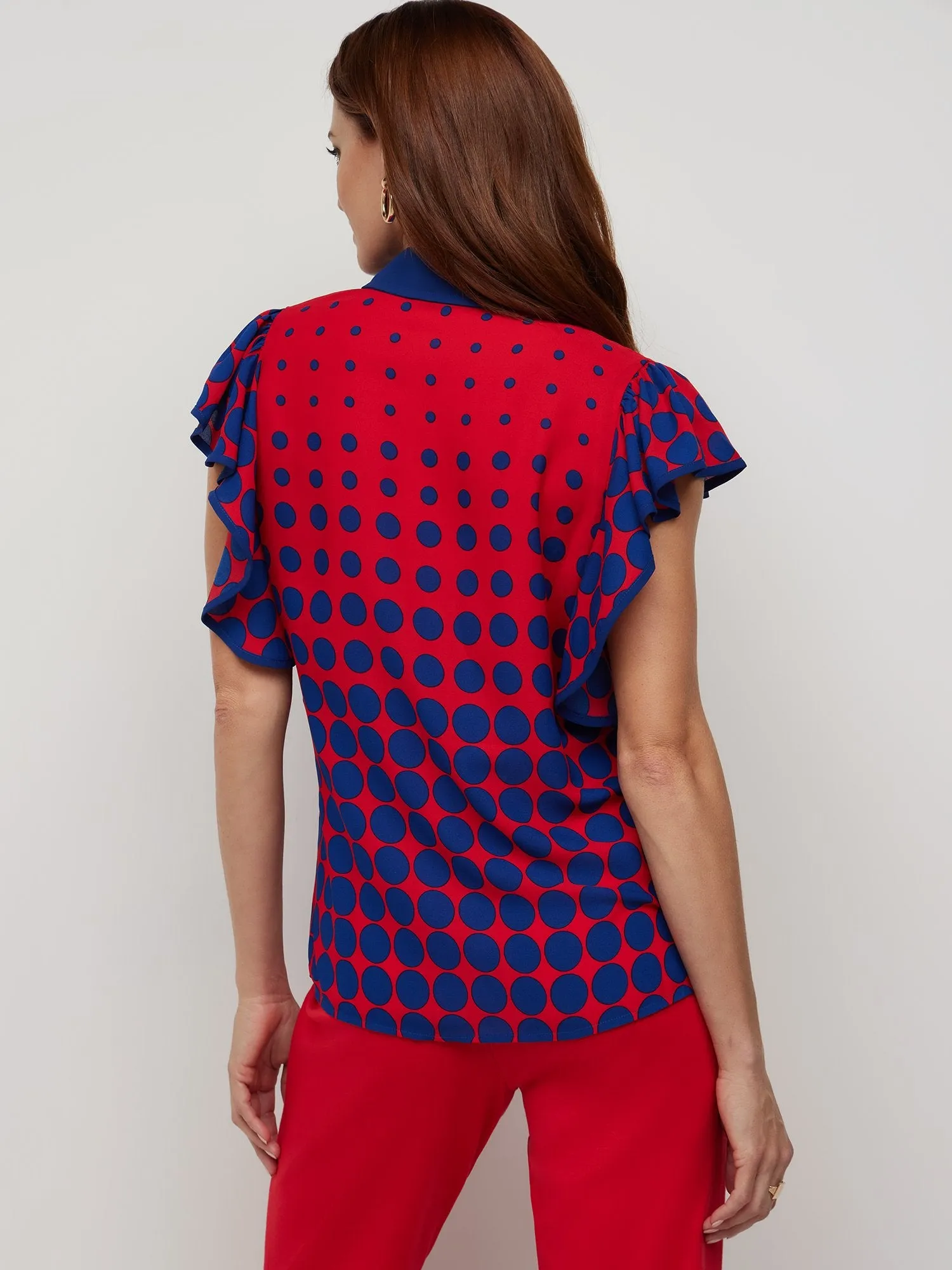 Polka-Dot Ruffle-Sleeve Button-Front Blouse