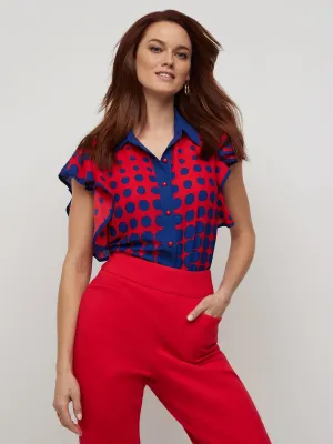 Polka-Dot Ruffle-Sleeve Button-Front Blouse