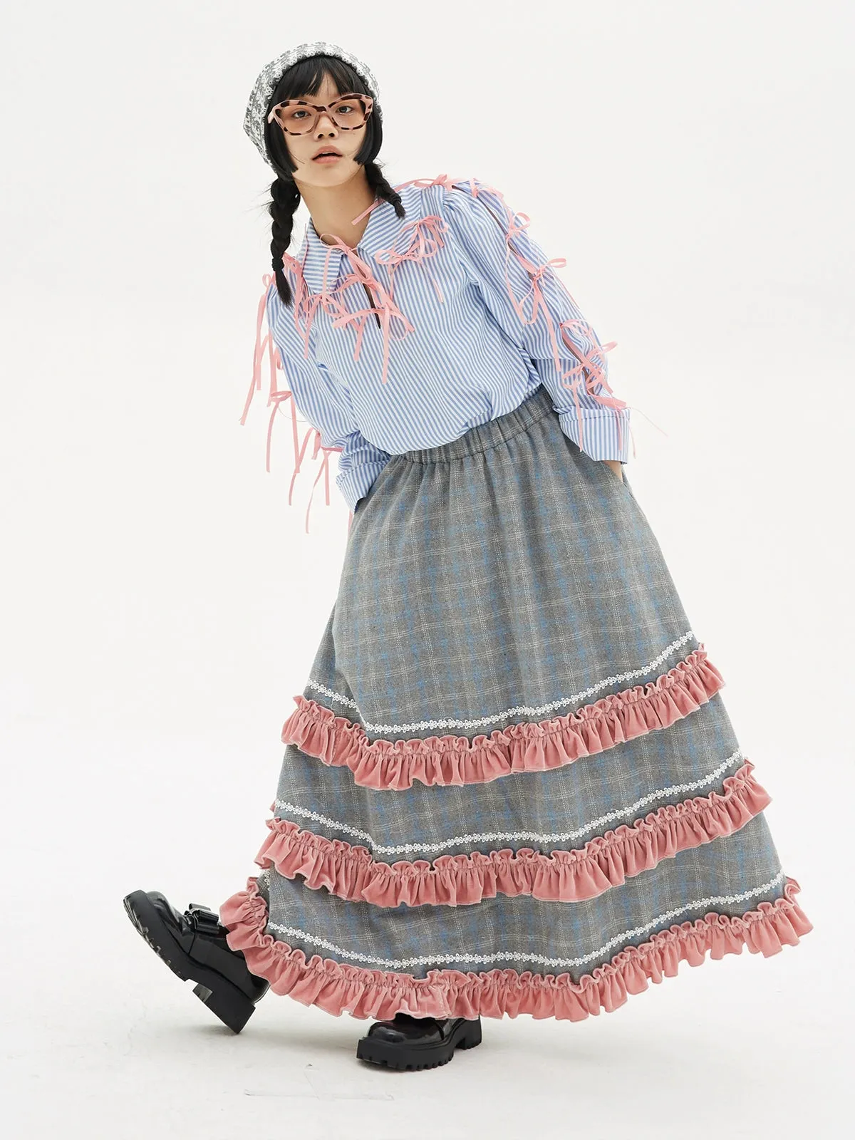 Retro Cute Striped Shirt Blouse Sweet Girls Niche Design Bow Blouse【s0000004261】