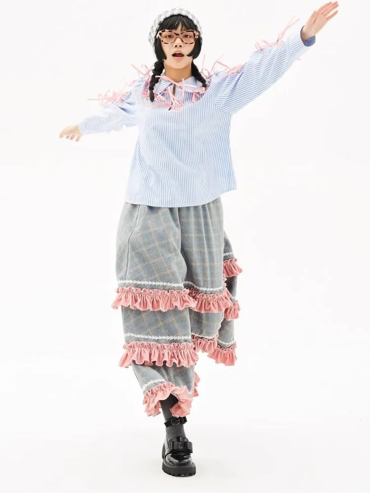 Retro Cute Striped Shirt Blouse Sweet Girls Niche Design Bow Blouse【s0000004261】