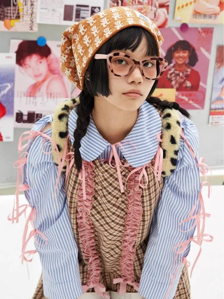 Retro Cute Striped Shirt Blouse Sweet Girls Niche Design Bow Blouse【s0000004261】