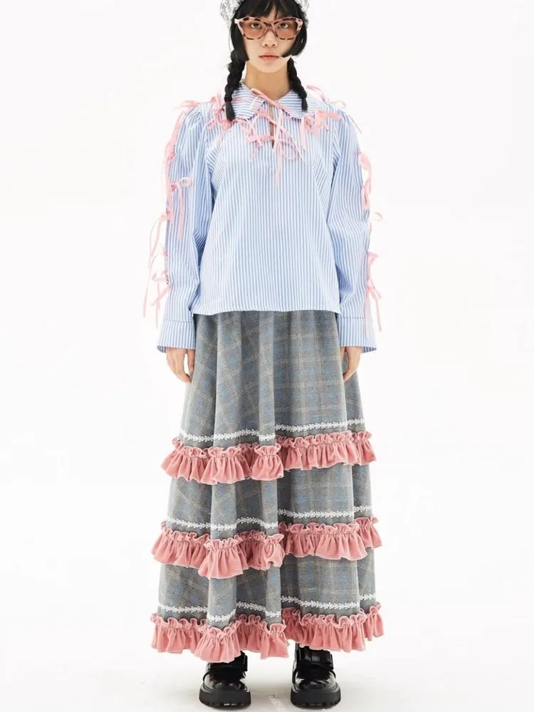 Retro Cute Striped Shirt Blouse Sweet Girls Niche Design Bow Blouse【s0000004261】