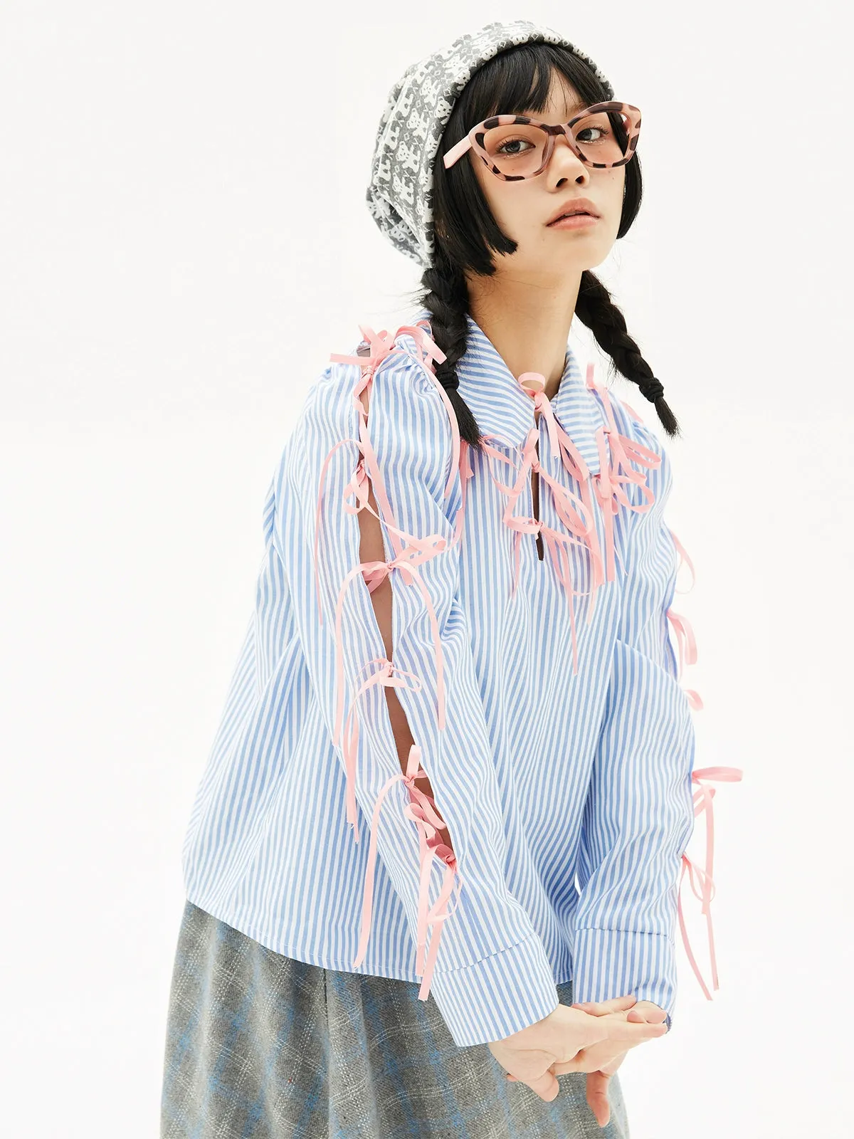 Retro Cute Striped Shirt Blouse Sweet Girls Niche Design Bow Blouse【s0000004261】