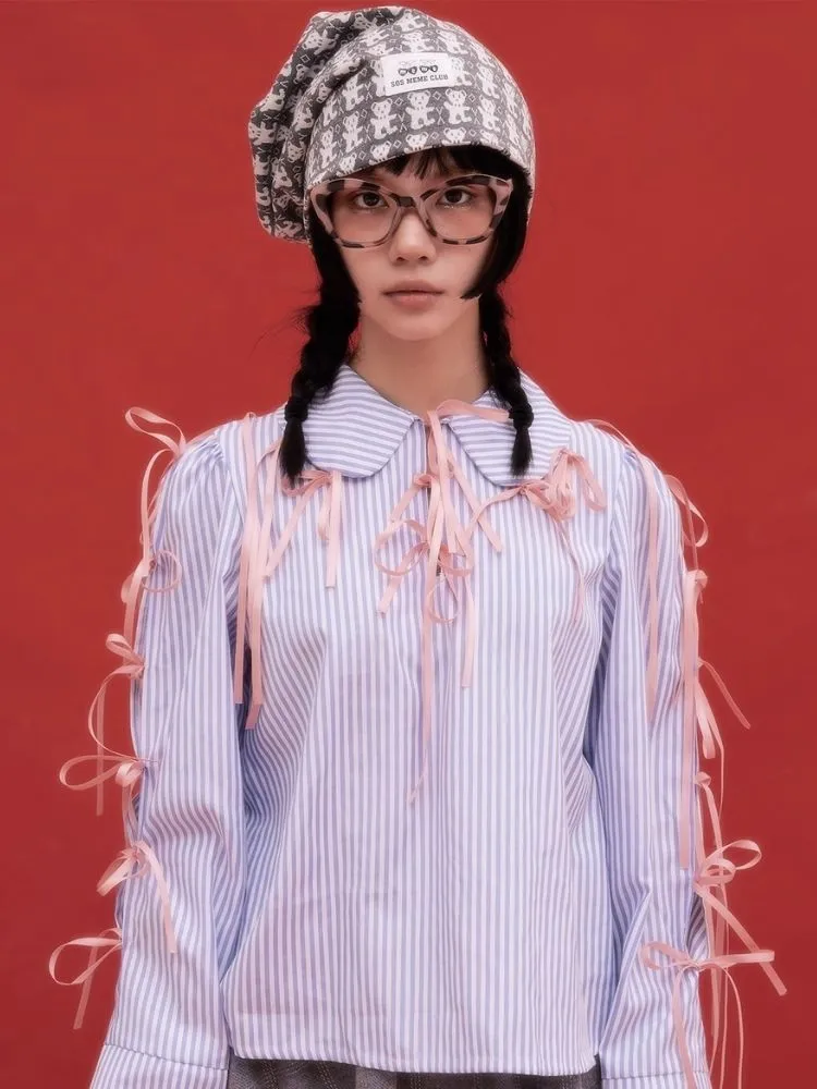 Retro Cute Striped Shirt Blouse Sweet Girls Niche Design Bow Blouse【s0000004261】