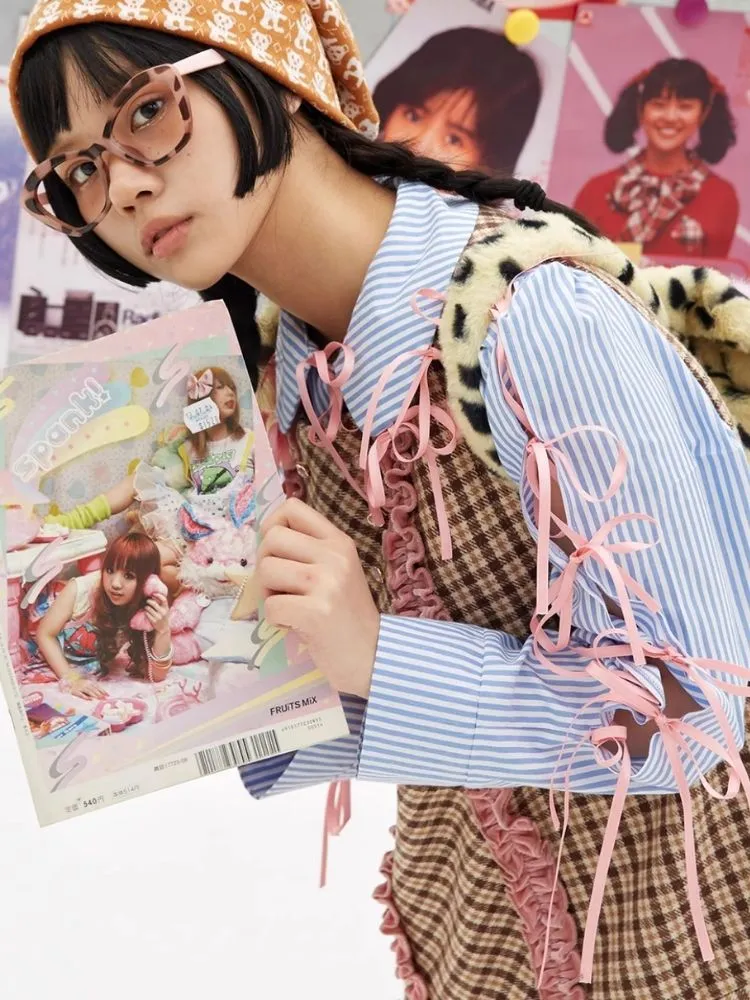 Retro Cute Striped Shirt Blouse Sweet Girls Niche Design Bow Blouse【s0000004261】