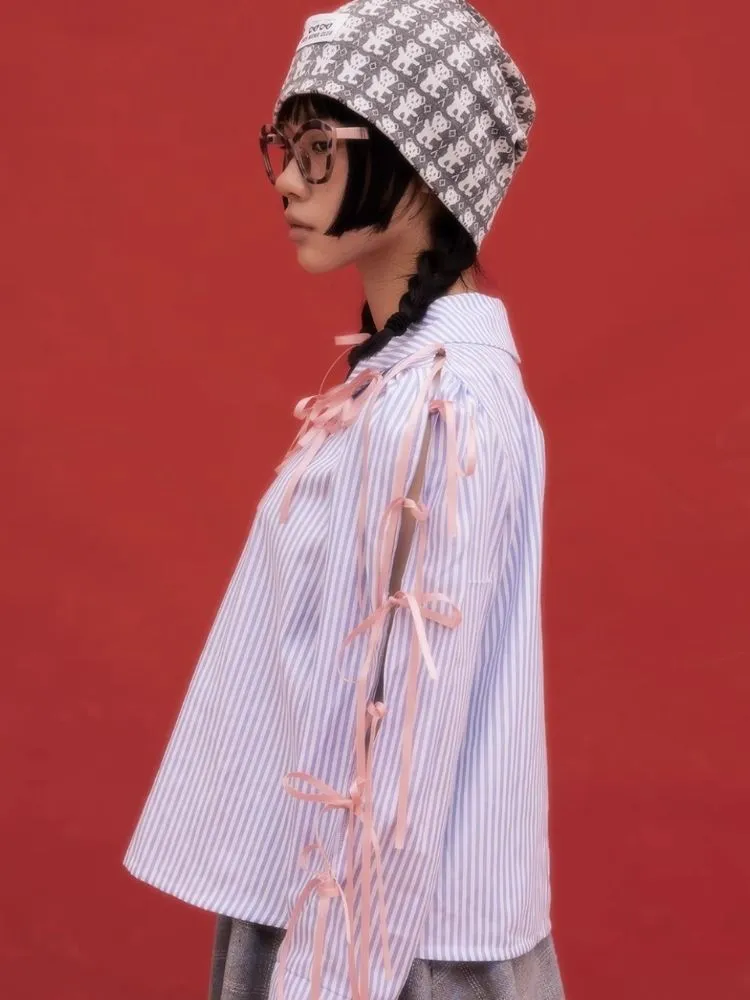 Retro Cute Striped Shirt Blouse Sweet Girls Niche Design Bow Blouse【s0000004261】