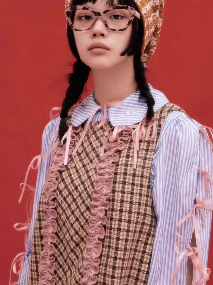 Retro Cute Striped Shirt Blouse Sweet Girls Niche Design Bow Blouse【s0000004261】