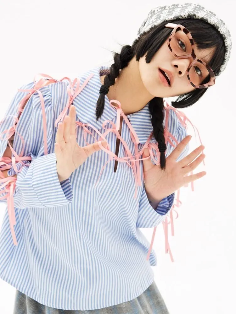 Retro Cute Striped Shirt Blouse Sweet Girls Niche Design Bow Blouse【s0000004261】