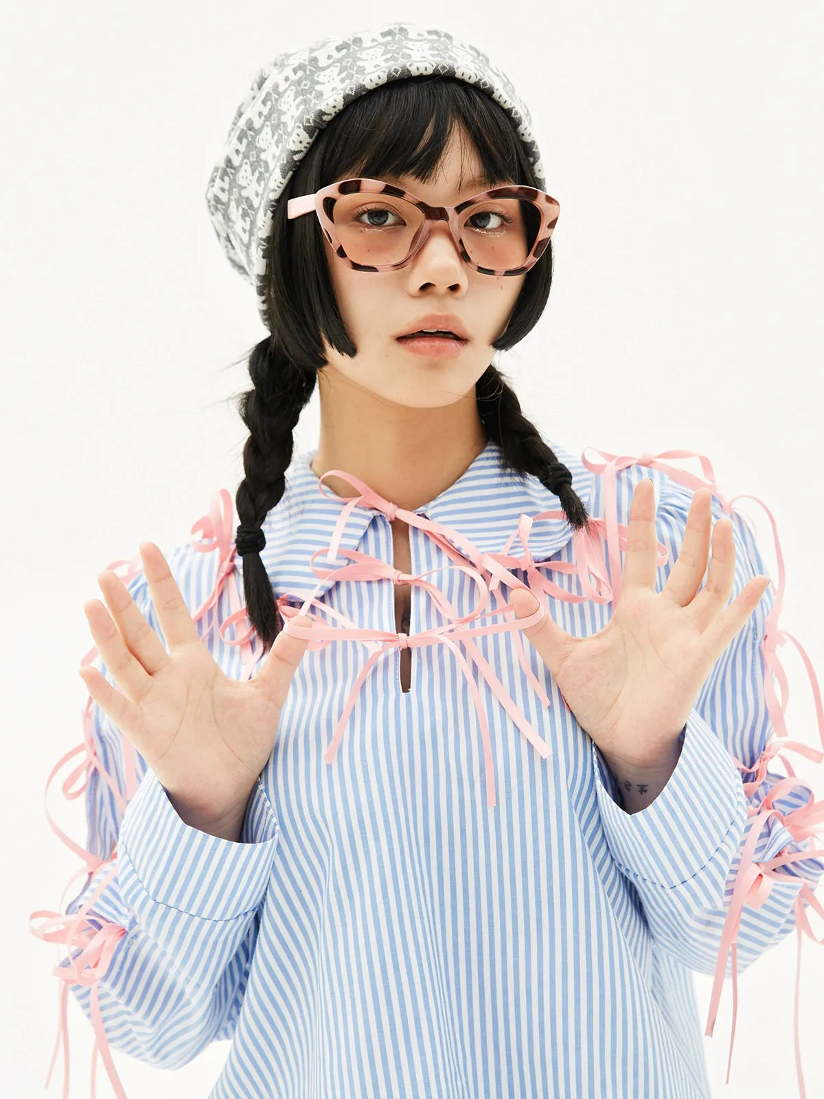 Retro Cute Striped Shirt Blouse Sweet Girls Niche Design Bow Blouse【s0000004261】