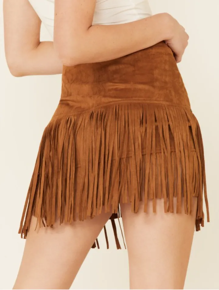 Suede Fringe Skirt - Camel
